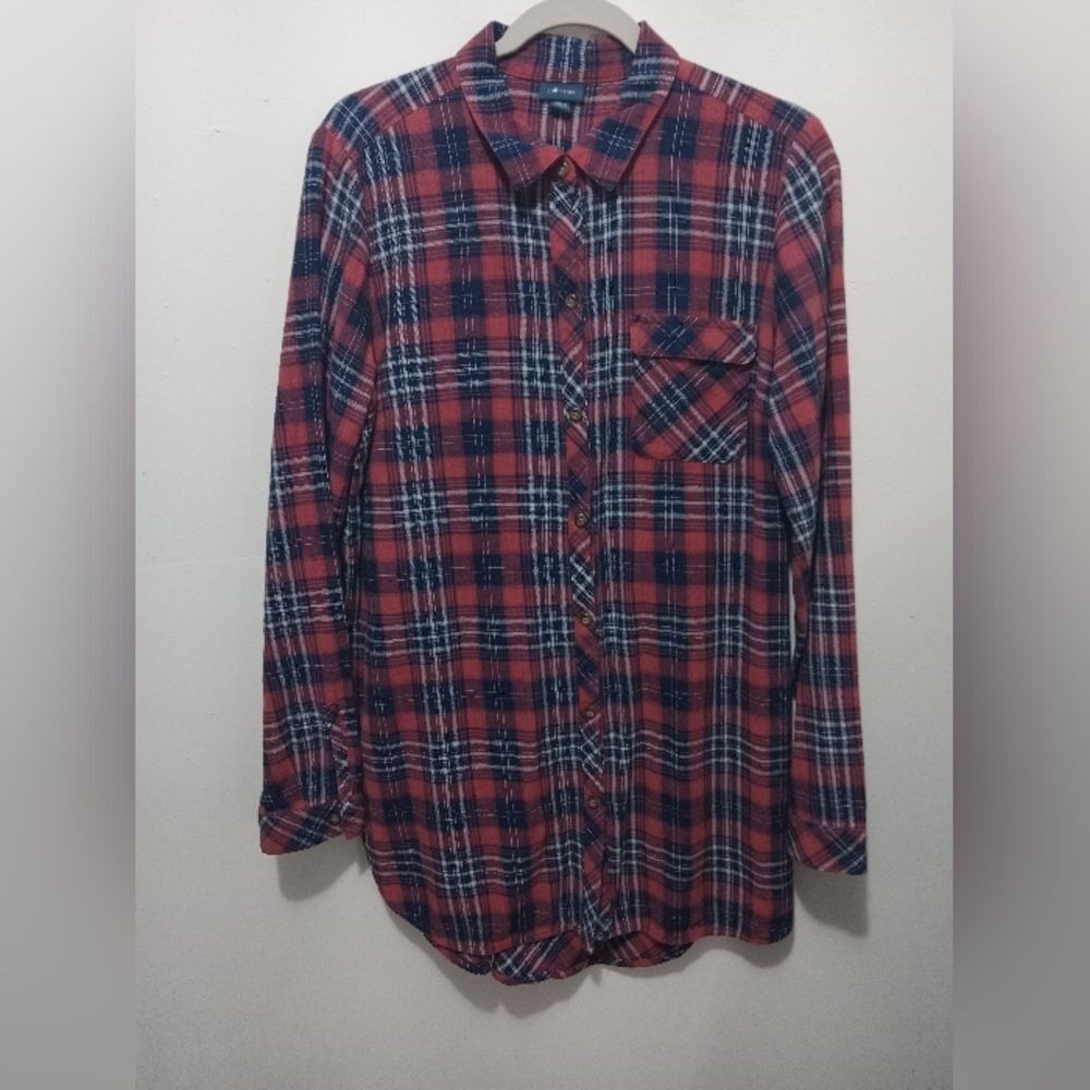 J. Jill Denim Women's Size Medium Tall Oversized Red & Blue Button Front Shirt